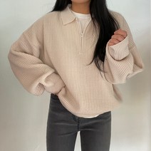 여성용 럽스 조니 퍼프소매 카라넥 지퍼 니트