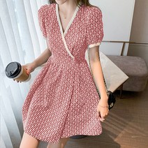 구디프 프랑수아 패턴 브이넥 퍼프소매 반팔 원피스