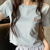 파라주니 여성용 딸기 자수 크롭 반팔 티셔츠 RG037