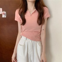 여성용 브이넥 트임 슬림 반팔티 HR001