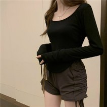 올룸 여성용 스퀘어 라운드넥 언발 긴팔 티셔츠