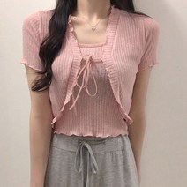 여성용 체리체리 프릴 리본 크롭 린넨 반팔 가디건 + 나시 세트