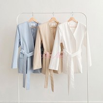 브이넥 노카라 마100% 스트랩 끈벨트 여성 린넨 자켓