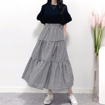 매일리룩 빅사이즈 고방 체크 밴딩 캉캉 롱 스커트