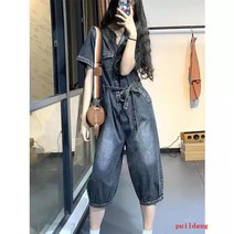 puildaug 데님 점프 수트 여성 여름 패션 스탠드 칼라 하프 오픈 버클 느슨한 캐주얼 레이스 업 오래된 점프 수트