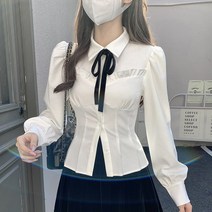 여성용 카라넥 프릴 퍼프소매 슬림 리본 타이 블라우스