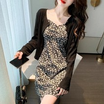 블랙골지 긴팔티 미디 가디건 꽃가라 나시 원피스 세트 긴소매