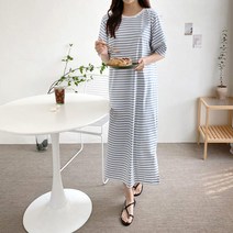 브이와이 여자 단가라 스트라이프 자수 반팔 데일리 롱 원피스