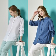WOW374 SHOP 여성 면남방 2종세트 2컬러 [화이트+블루]