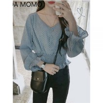 땡땡이 도트 블라우스 셔츠 브이넥 플레어 긴팔 여성 슬림 웨스트 프릴