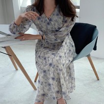 여자 가을 브이넥 플라워 꽃무늬 쉬폰 치마 롱 원피스