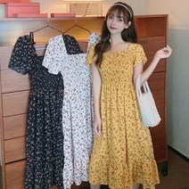 협력브랜드 여자 예쁜 꽃무늬 패턴 스모크 밴딩 데일리 원피스