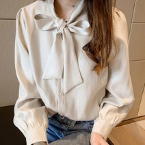 화이트셔츠 여성 디자인감각 보이핏 볼륨 클래식 홍콩무드 상의 드롭 드레이프 나비 리본 와이셔츠 실크 새틴 2332171338