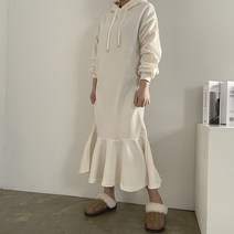 [비비애르]후드 기모 프릴 롱 원피스 소프트기모 여성겨울원피스 맘룩 페미닌룩