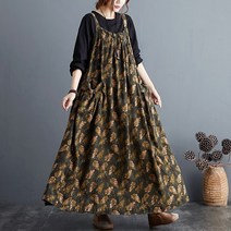 빅사이즈가을원피스 신 와이드 루즈핏 면린넨 플라워 프린팅 캐쥬얼 끈나시원피스 에스닉 무드 단아한 클래식 롱 694196649