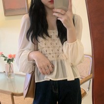 여성용 블라우스 셔츠 패치 워크 구멍 뚫린 긴 소매 우아한 한국 스타일 봄가을 상의 짧은 스타일 패션 얼짱 레트로