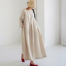 POMTOR 내추럴핏 린넨 롱원피스 핀턱 플레어 박시핏 긴팔원피스