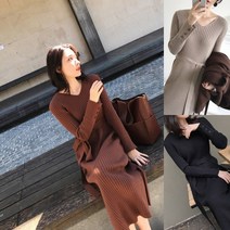 여성 예쁜 골지 스타일 롱한 기장감 니트 원피스 미디 롱원피스 반팔 프릴 브이넥 청치마