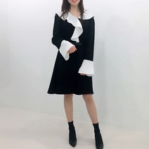 [제이바이블](무료배송) 배색 언발프릴 둥근 빅카라 러플 소매 루즈핏 블랙 원피스 [정장 하객룩 데이트룩 라운드넥]