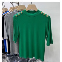 (초록 파랑 검정 회색 화이트)골드버튼 6개 어깨에 있는 라운드넥 반팔니트 솔리드컬러 여성큰옷 빅사이즈 여름 반팔니트 여성 하이넥 경량니트 쿨링 금장단추 발만스타일