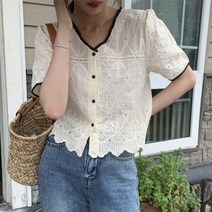 펀칭블라우스 자수 아일렛 레이스 여자 벌룬 브라우스 예쁜 빅사이즈 반팔 셔링 쉬폰 빅카라 셔츠