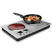 CUSIMAX 1800W 요리용 익덕션 - 세라믹 전기 플레이트 이중 제어 적외선 쿡탑, 스테인레스 스틸, 실버 더블 버너