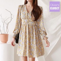 올리비에스클로젯 브이넥 콩단추 플라워 원피스 O2208OP608C