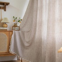 Setaback 보헤미안 커튼 침실용 리넨 시어 160cm(63인치) 태슬 2패널 세트 토프 팜하우스 보헤미안 스타일 로드 포켓 프라이버시 세미 암막 주방 드레이프 132.1