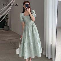 빈티지 스퀘어 칼라 퍼프 슬리브 플라워 프린트 백리스 미디 드레스 여성용 복고풍 시크 스타일 그린