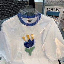 새는 것을 줍다 전문점 철회함 여름 와이드 루즈핏 플라워 플란넬 자수반팔티셔츠 여성 보이핏 볼륨 상의