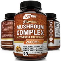 nutriflair 버섯 보충제 2600mg - 90 캡슐 - 10 버섯 - 영지 사자 갈기 동충하초 차가버섯 칠면조 꼬리 maitake 표고 버섯 방향성 복합물 - 두뇌 에너지