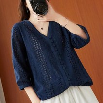 F39895 시원 펀칭 면 레이스 V넥 블라우스 자외선차단예쁜여자블라우스 레이스블라우스 쉬폰블라우스 루즈핏블라우스 면블라우스 BL 브라우스 반팔블라우스 긴팔