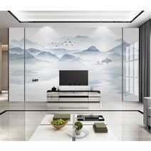 멍석 수묵 산수화 뉴차이나스타일 TV배경벽 벽지 벽화 3d XXXXX초기화 거실 부직포 촬영 벽그림, T17-무봉제 은빛 천.