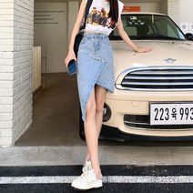 여름 데님스커트 여성 2022 슬림핏 키커 보이는 A라인 인싸템 패치워크 힙랩 트렌드
