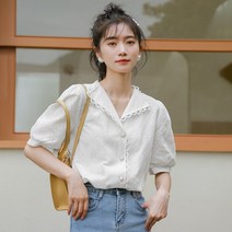 흰색레이스블라우스 프렌치 클래식 브이넥 여성 여름 와이셔츠 상의 러블리 반팔셔츠 트렌드 4816493163