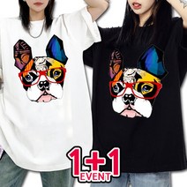 [ 1+1 ] DBP샵 순면 여성 반팔티셔츠 봄 여름 가을 빅사이즈 오버핏 반팔티 캐주얼 그래픽 프린팅 티셔츠 프렌치 불독