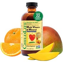 childlife essentials 어린이 액체 종합 비타민 및 미네랄 보충제 - 어린이를 위한 액체 비타민 완전 천연 글루텐 프리 유전자 변형 성분 없음 - 천연 오렌지 &, 망고 오렌지, 8fl oz(4개들이 팩)