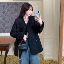 2023 클래식 레트로 블랙 작은 향수 두꺼운 코트 여성의 봄과 가을 새로운 느슨한 틈새 기질 고급 코트