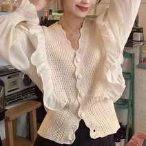 브이넥 니트 프릴 블라우스 어깨 셔링 소매 밴딩 단추