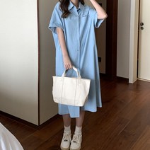 네모엔룩 여성용 워싱데님롱 셔츠형 반소매 롱 원피스