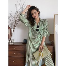체크 셔츠원피스 여성 가을 프렌치 롱 그린스트라이프 광택감 새틴 디자인감각 2788520316