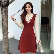 Anyou 브이넥 레이어드 니트 조끼 롱 원피스 겨울 원피스