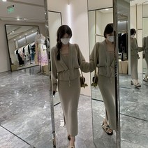 니트셋업 케이블니트 홀가먼트 새로운 기질 드레스 세트 여성 하이 엔드 레이스 업 긴 +