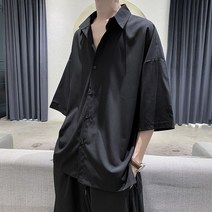 블루반팔셔츠 건달카리스마 남자 신류 여름 디자인감각 상의 캐쥬얼 와이드 루즈핏 와이셔츠 341276727