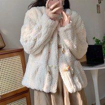패딩 자켓 램 울 코트 여성 겨울 짧은 느슨한 플러시 뿔 버클 라운드 넥 울 램 모든