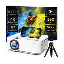 기본 1080P 5G WiFi 블루투스 프로젝터(삼각대 포함) 350 ANSI 4K 지원 홈 프로젝터 최대 300인치 디스플레이의 휴대용 야외 TV 스틱 HDMI 전화와 호환되는