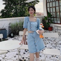 프렌치 라이트 블루 데님 원피스 반팔 단추 드레스