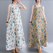중년 여성 여름 플러스 사이즈 라운드넥 면 린넨 꽃무늬 나시 민소매 롱 원피스