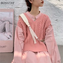 양모베스트 스웨터 조끼 여성 러블리 핑크 클래식 민소매 어 봄 대학 십대 니트웨어 빈티지 모든 경기 인기있는 여성 스웨터