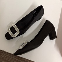 여성 사각 스퀘어 큐빅 새틴 펌프스 미들힐 구두 신발